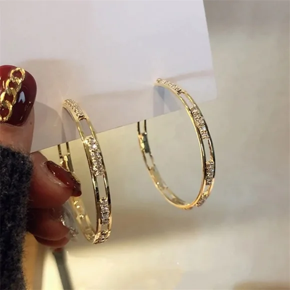 Shiny Beautiful Yellow Gold Round Big Hoop Earrings - Picture 2 of 5
